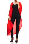 Model wearing long crimson red kimono facing front